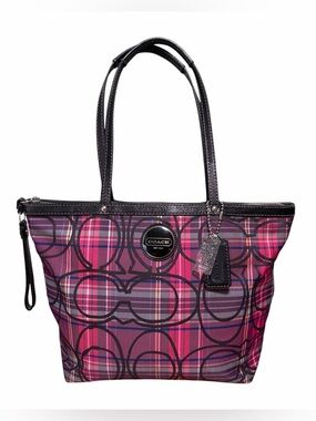 Coach Poppy Tartan Plaid signature tote bag black leather trim